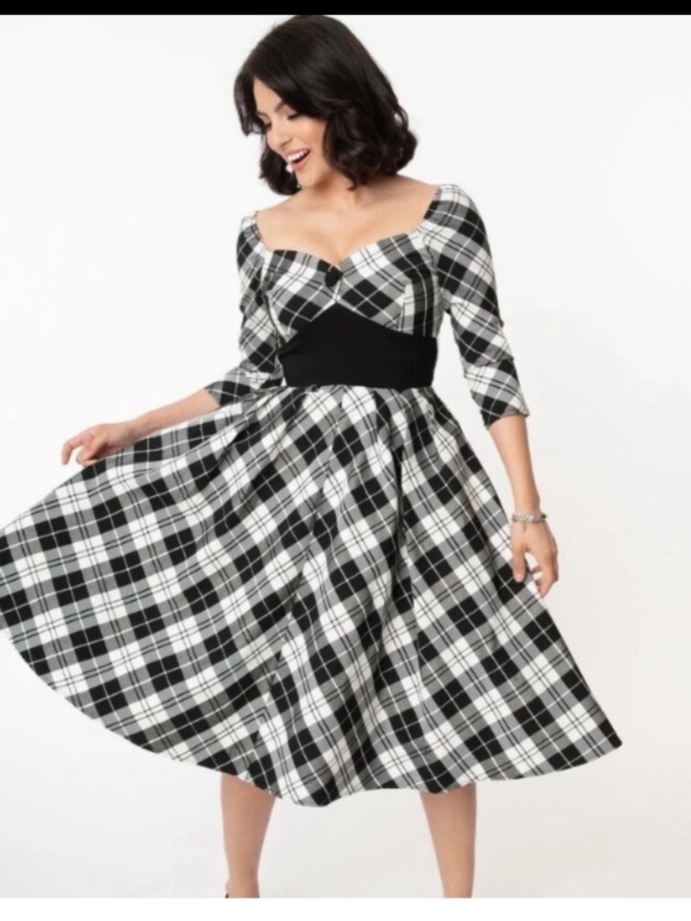 UNIQUE VINTAGE Plaid Sweetheart Swing Dress Black White Pin Up